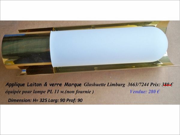 Applique Laiton & verre Marque: Glashuette Limburg 280 �tr�chy (91)