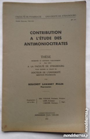 Contribuiton � l'�tude des antimoniocitrates 15 Illkirch-Graffenstaden (67)