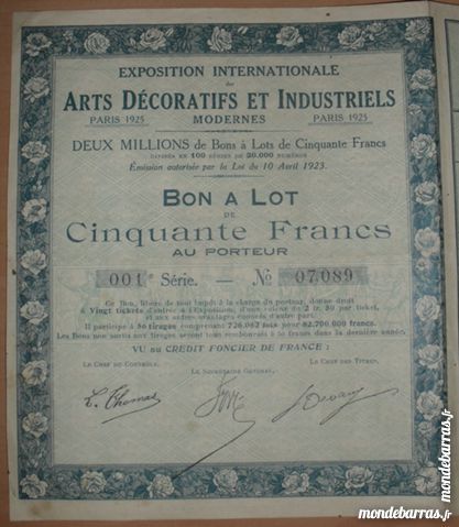 Bon � Lot de 50 Francs au porteur Paris 1925. 1 Montreuil (93)