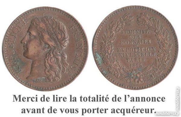 M�daille cuivre exposition universelle paris 1878. 10 Tours (37)
