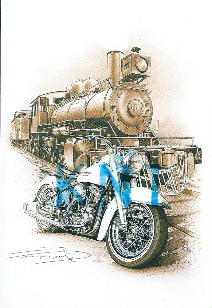  C P M Moto et locomotive dessin de F Bru�re 7 Tours (37)