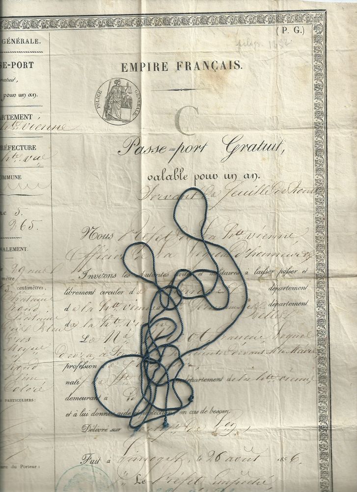  passeport sous l'empire fran�ais , haute vienne , 1856 66 Tours (37)