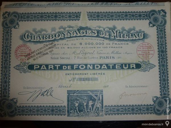 Titre Charbonnages de Millau 27 d�cembre 1923 15 Bordeaux (33)