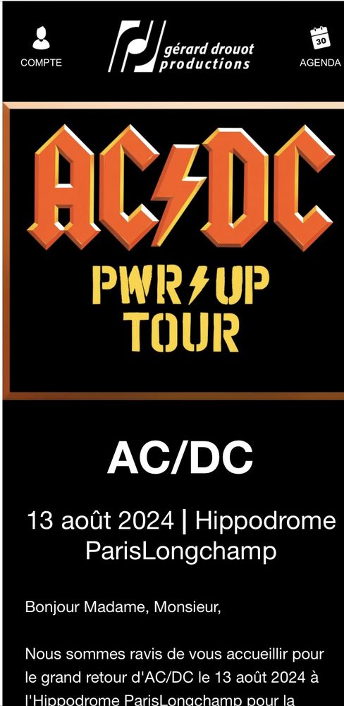 ACDC 2 billets fosse OR pour Paris Longchamp. 450 Angers (49)
