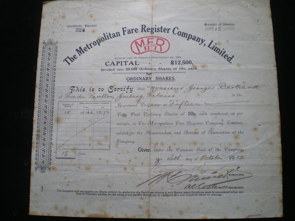 Action de la Soci�t� Metropolitan Fare Register Company. 8 Caen (14)