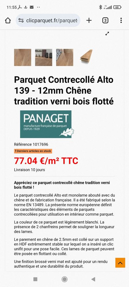 Affaire ! 11 M2 de parquet PANAGET couleur clair 27 Villemomble (93)