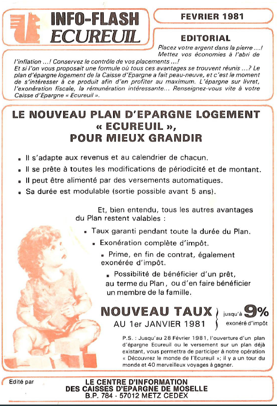 Affiche Publicitaire INFO-FLASH ECUREUIL de F�vrier 1981 20 Manom (57)