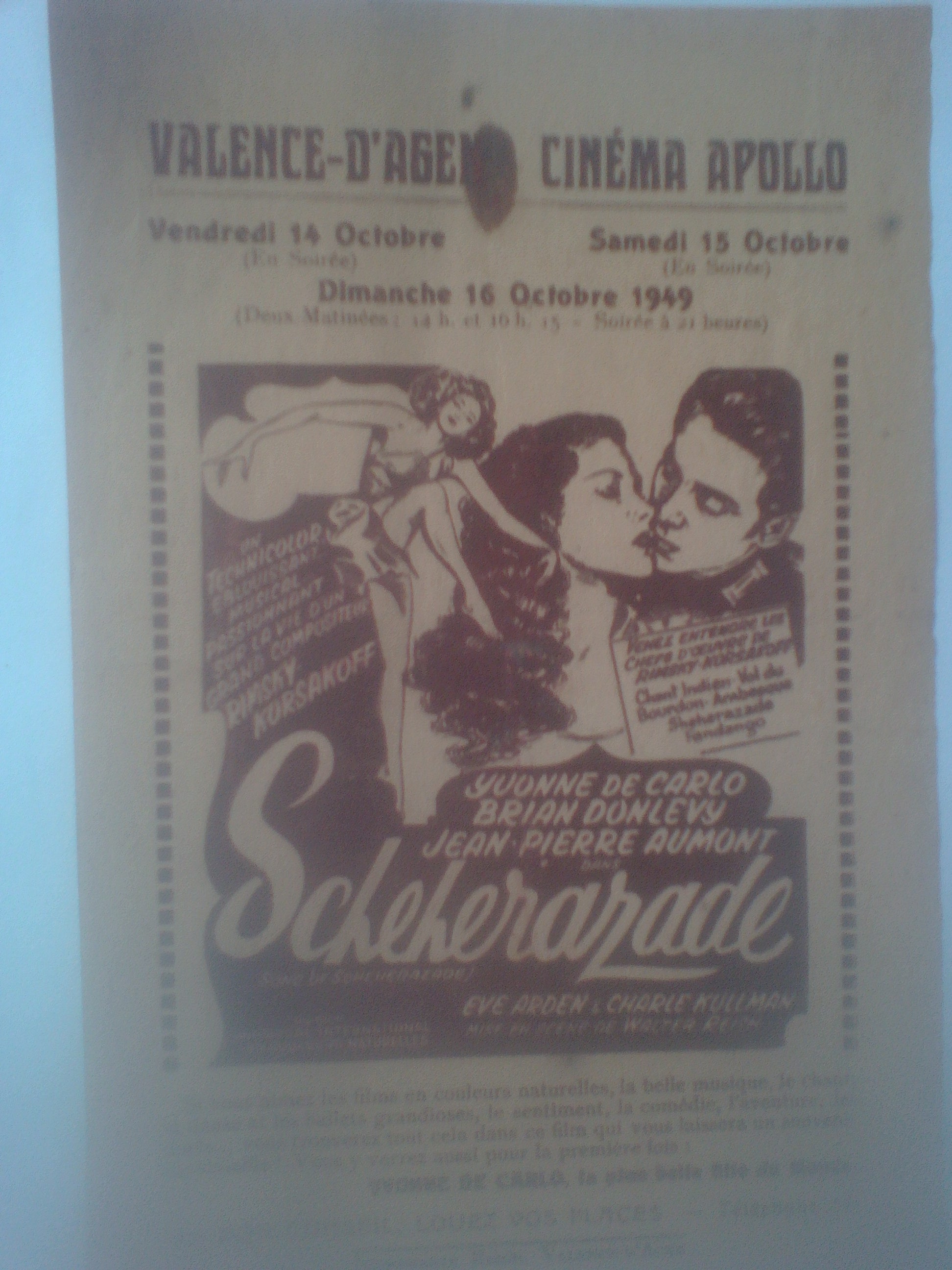 Affichette Cin�ma Apollo Valence d'Agen Sch�h�razade Yvonne 7 N�rac (47)