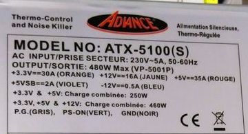 Alimentation PC ATX 480 Watts 20 Beauchamp (95)