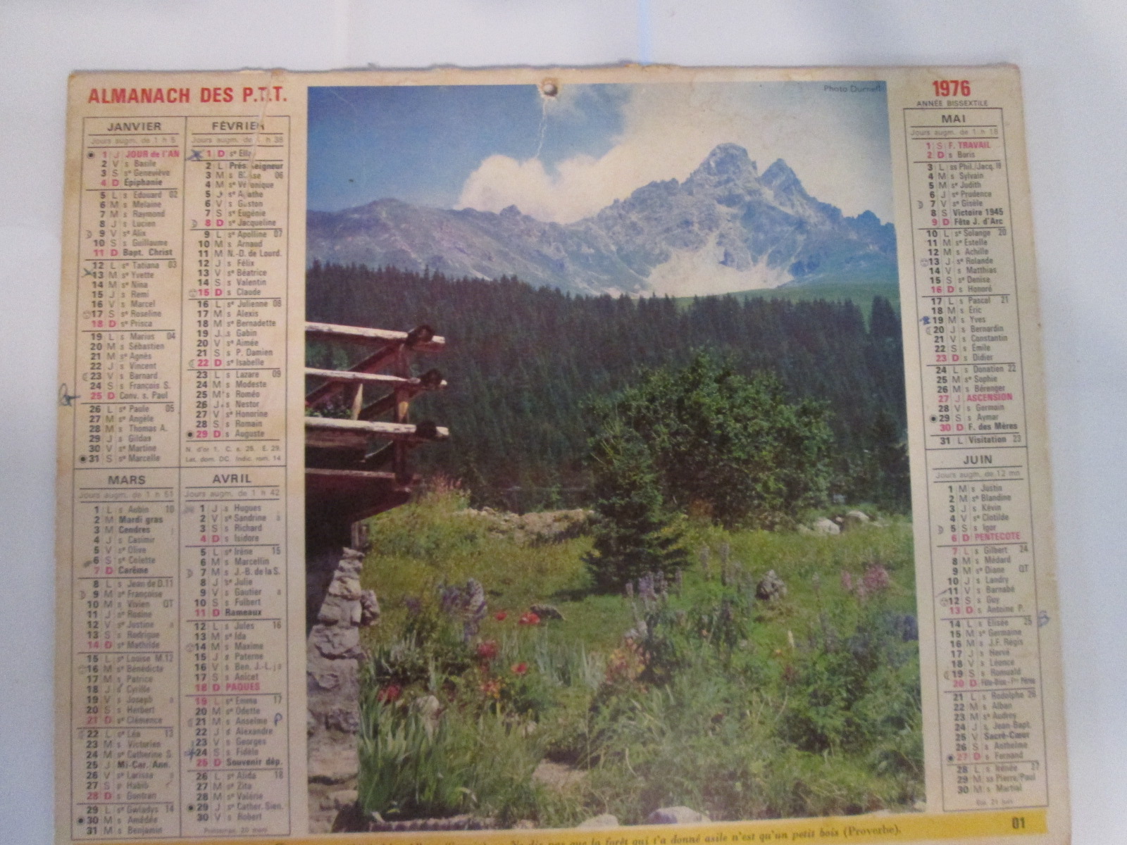 Almanach Des Ptt - Calendrier La Poste - 1976 - Allier 5 Chauriat (63)