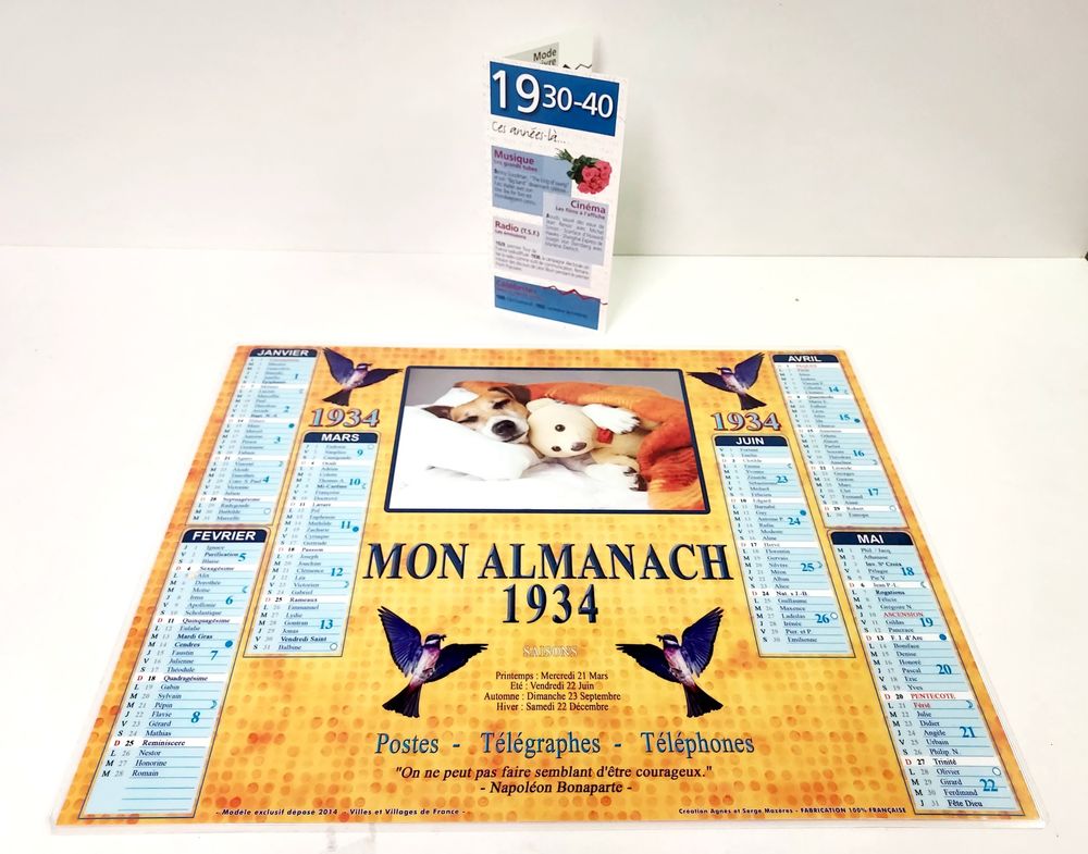 Almanach plastifi� recto-verso 1934   carte � offrir des �v�nements 4 Montigny-aux-Amognes (58)