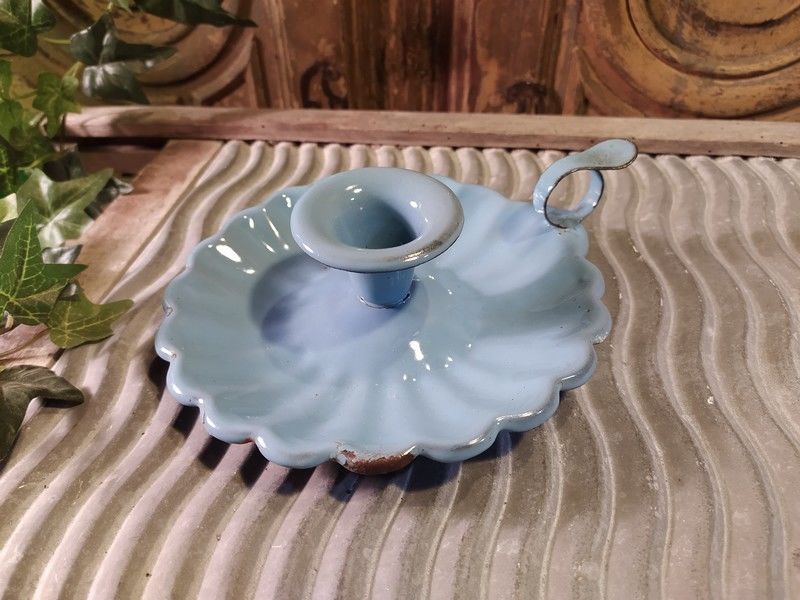 Ancien Bougeoir � Main T�le �maill�e Bleu Ciel Vintage 22 Loches (37)