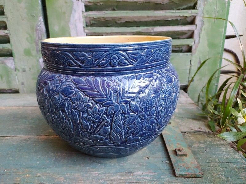 Ancien Cache Pot en Fa�ence �mail Bleu D�cor de Cypr�s 80 Loches (37)