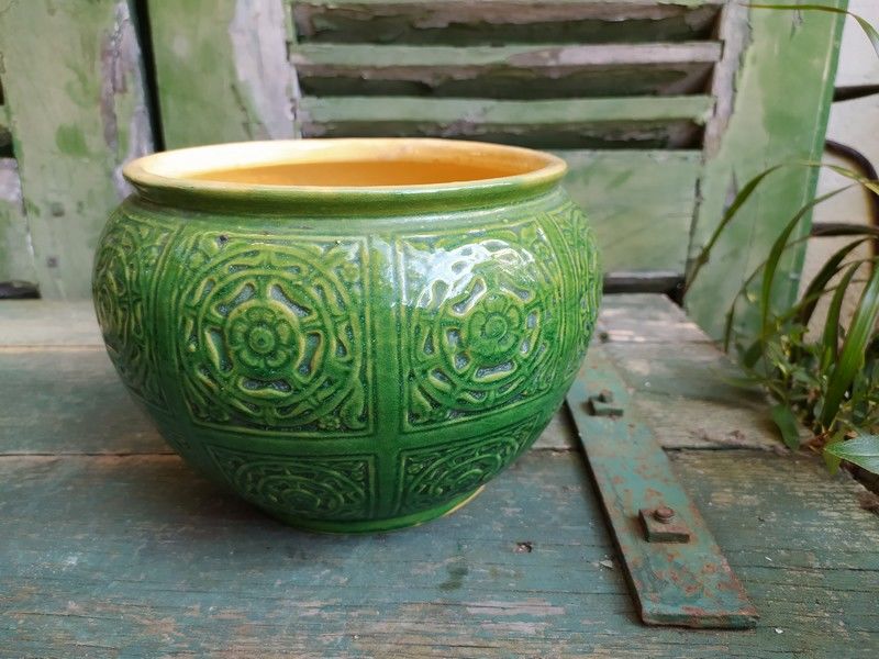 Ancien Cache Pot en Fa�ence �mail Vert 60 Loches (37)
