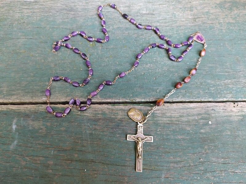 Ancien Chapelet Am�thyste Croix M�tal Argent� Religieux 40 Loches (37)