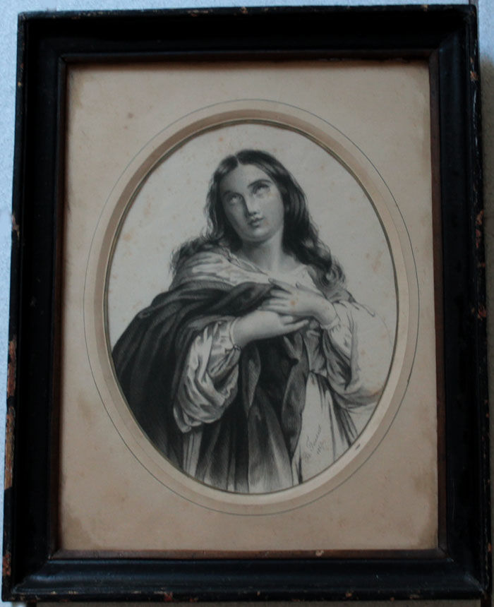 ANCIEN DESSIN JEUNE FEMME AUX YEUX LEV�S sign� FOUSSET 1867 80 Nice (06)