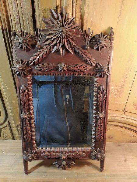 Ancien Miroir Bois Sculpt� Fleurs Art Populaire 420 Loches (37)
