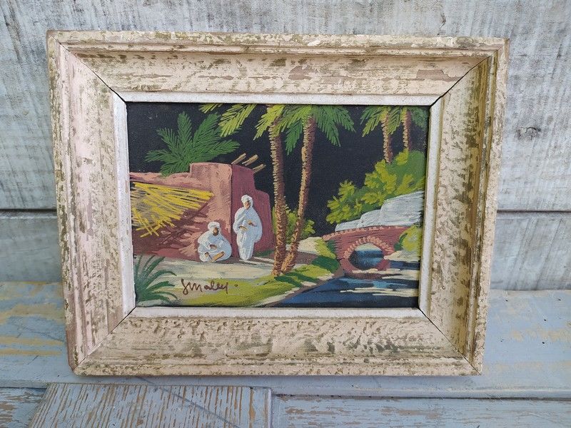 Ancien Petit Tableau Orientaliste Peint sur Soie Sign� 35 Loches (37)