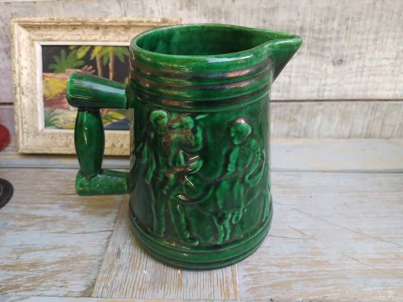 Ancien Pichet Fa�ence Gla�ure Verte Th�me �ne 20 Loches (37)