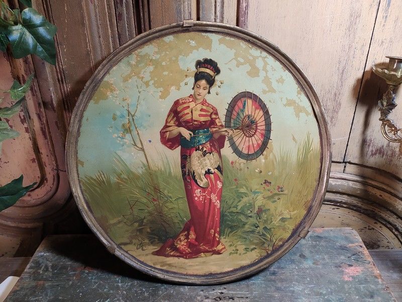 Ancien Plat M�tal D�cor Japonisant Sign� Beyle 80 Loches (37)