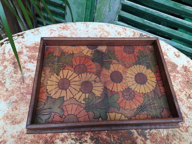 Ancien Plateau Bois Pyrograv� D�cor Tournesols Art D�co 15 Loches (37)