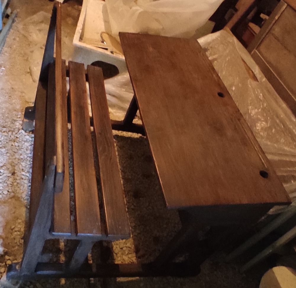 Ancien pupitre bureau d'�colier double en bois massif 70 La Loubi�re (12)