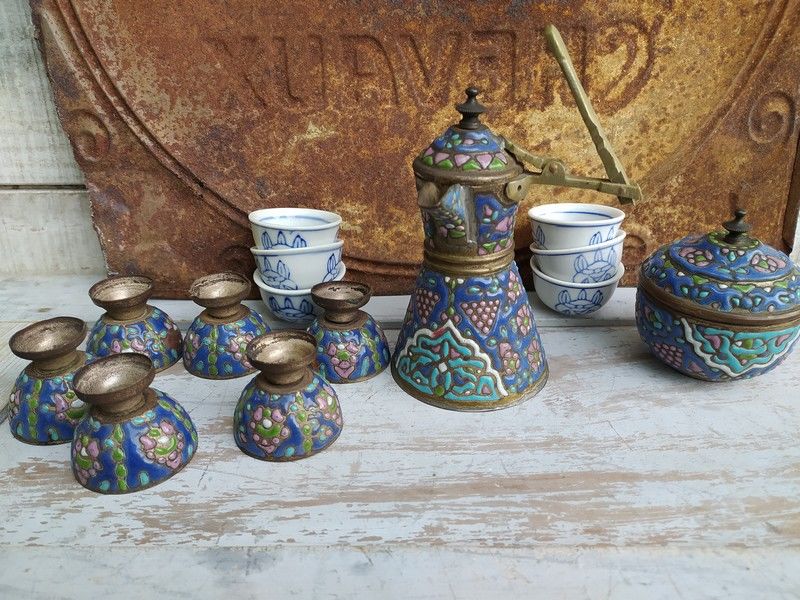 Ancien Service � Caf� Syrien �maill� Orientaliste Teapot 1 Loches (37)