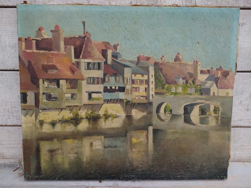 Ancien Tableau Vue d'Argenton sur Creuse Sign� 
90 Loches (37)