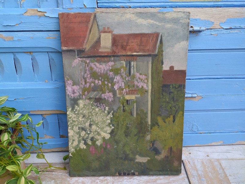 Ancien Tableau Vue de Maisons Fleuries avec Glycines 85 Loches (37)