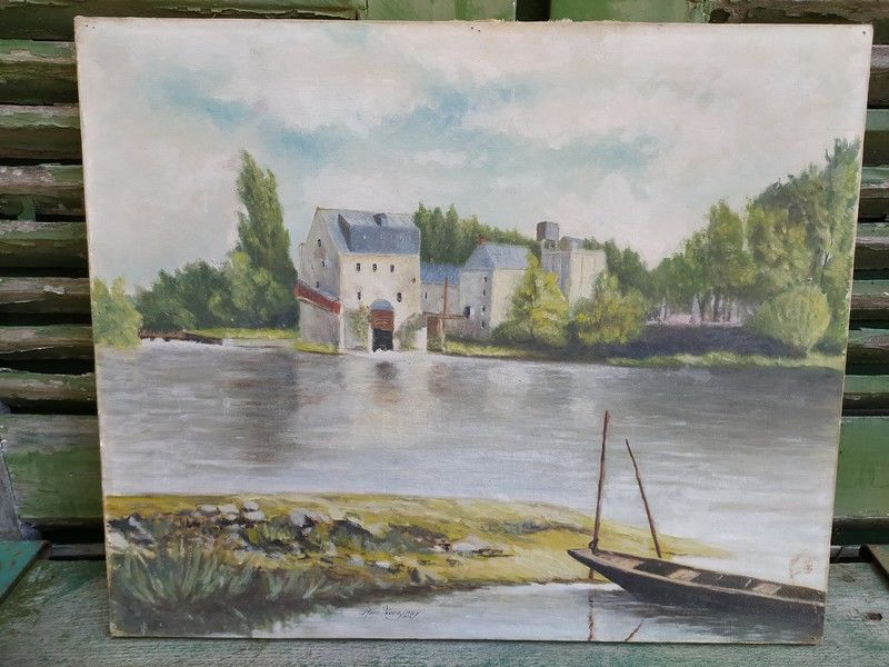 Ancien Tableau Moulin Artannes sur Indre Sign� et dat� 1954. 70 Loches (37)
