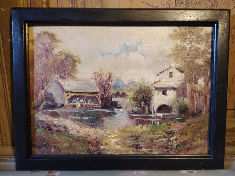 Ancien Tableau Paysage Lavandi�res Sign� 90 Loches (37)