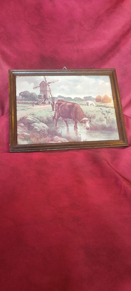 Ancien tableau paysage moulin et vaches 18 Avermes (03)