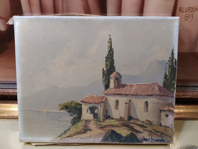 Ancien Tableau Paysage M�diterran�en �glise Sign� 40 Loches (37)