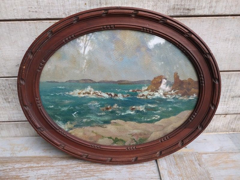 Ancien Tableau Paysage Marin Mer Agit�e Cadre Ovale 120 Loches (37)