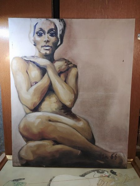 Ancien Tableau Portrait de Femme Nue Sign� et Dat� 1966. 250 Loches (37)