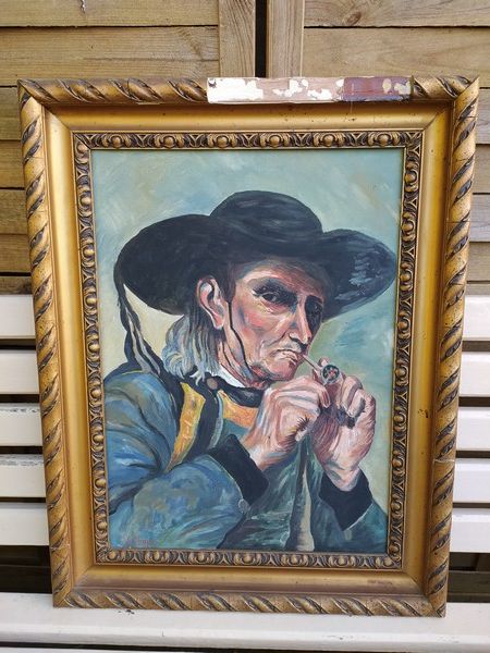 Ancien Tableau Portrait Homme Breton Fumant la Pipe Sign� 90 Loches (37)