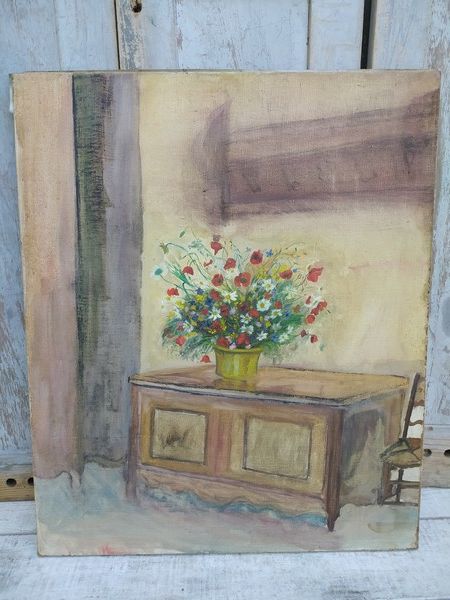Ancien Tableau Sc�ne d'Int�rieur Bouquet de Fleurs 50 Loches (37)
