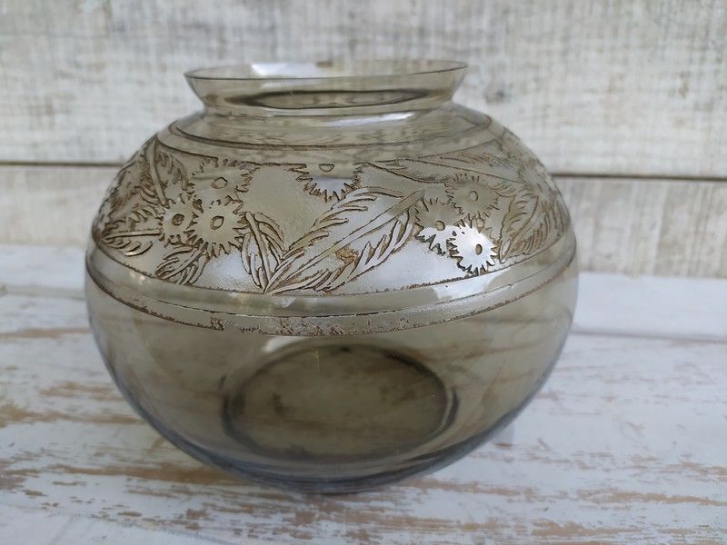 ANCIEN VASE BOULE Pate De Verre Lorrain Etain Decor Raisin Promsy Art