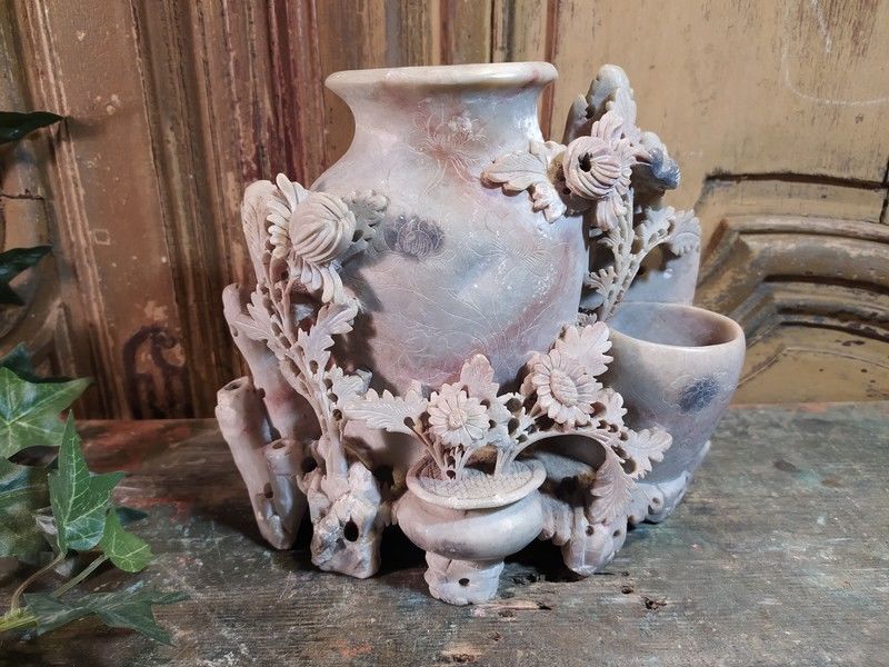 Ancien Vase D�cor Fleurs Sculpt�es Pierre St�atite Chine 80 Loches (37)