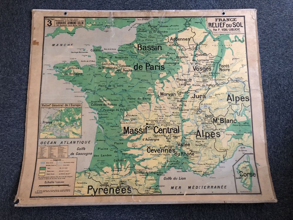 Ancienne carte d'�cole France Relief du Sol Vidal Lablache 75 Poitiers (86)