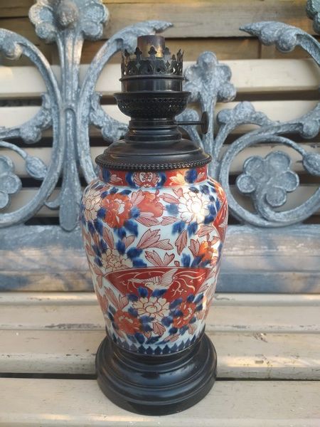 Ancienne Lampe � P�trole W&W Kosmos Porcelaine Imari Japon 139 Loches (37)