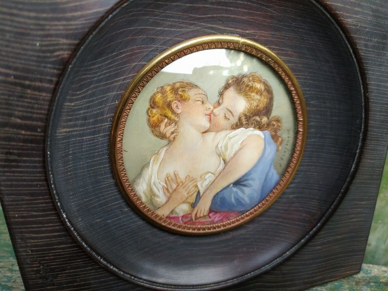 Ancienne Miniature Peinte Le Baiser d'apr�s J.H.Fragonard 90 Loches (37)