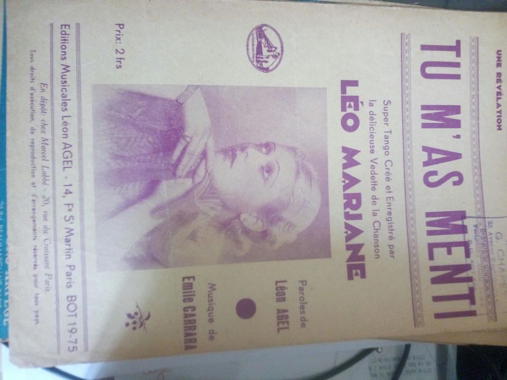 ANCIENNE ET RARE PARTITION TU M AS MENTI CHANTE PAR L MARJAN 100 Levainville (28)