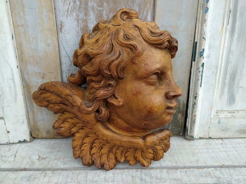 Ancienne Sculpture T�te Ange Angelot Bois Sculpt� 180 Loches (37)