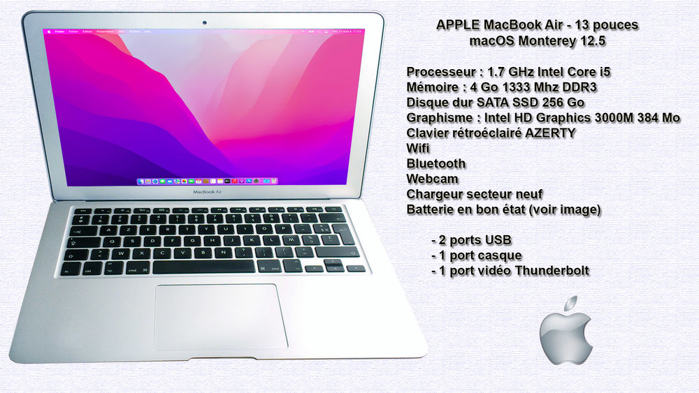 Apple MacBook Air - 13? - Core i5 - 1.7GHz - RAM 4Go - SSD 390 Châtillon-sur-Saône (88)