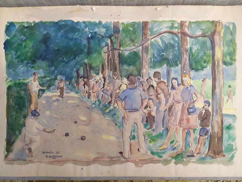 Aquarelle Jeu de Boules � Ardentes 1945 Sign� R. Massicard 45 Loches (37)