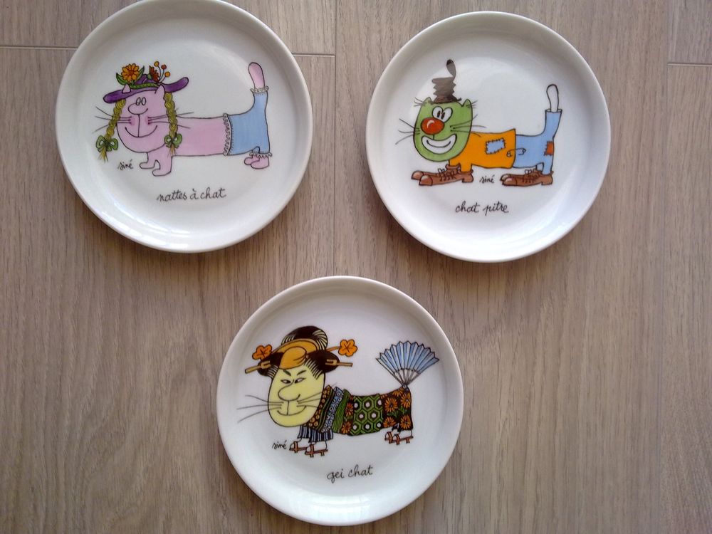 assiettes coupelles humoristiques chat sign�es Sin� 15 Clichy (92)