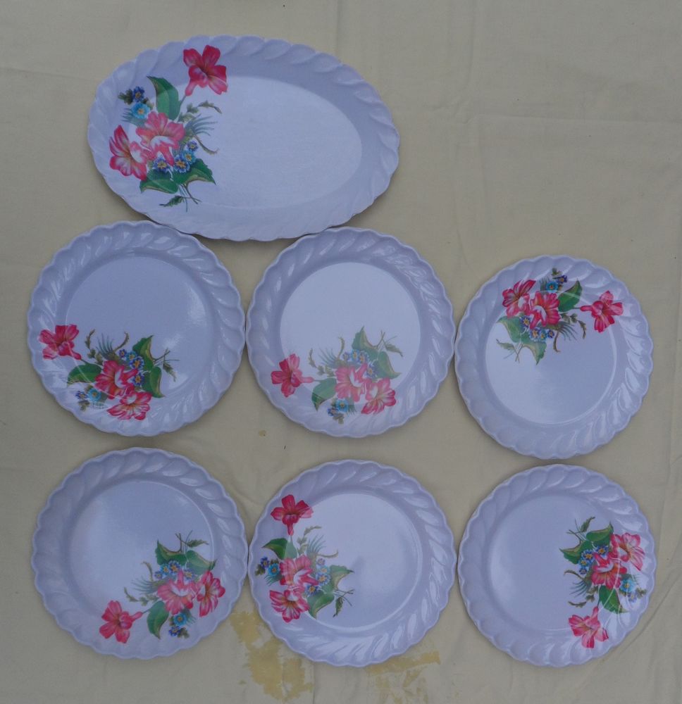 6 assiettes+1 plat ovale � fleurs en plastique vintage neufs 15 Castries (34)