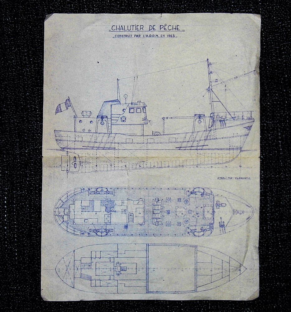 Authentique Chalutier bateau de peche marine mer plan coupe 1963 ADRN 10 Dunkerque (59)