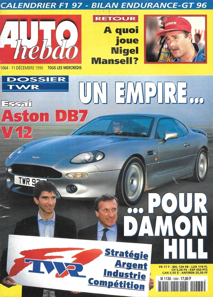 AUTO HEBDO n°1064 de 1996  ASTON MARTIN DB7  Nigel MANSELL 2 Castelnau-sur-Gupie (47)